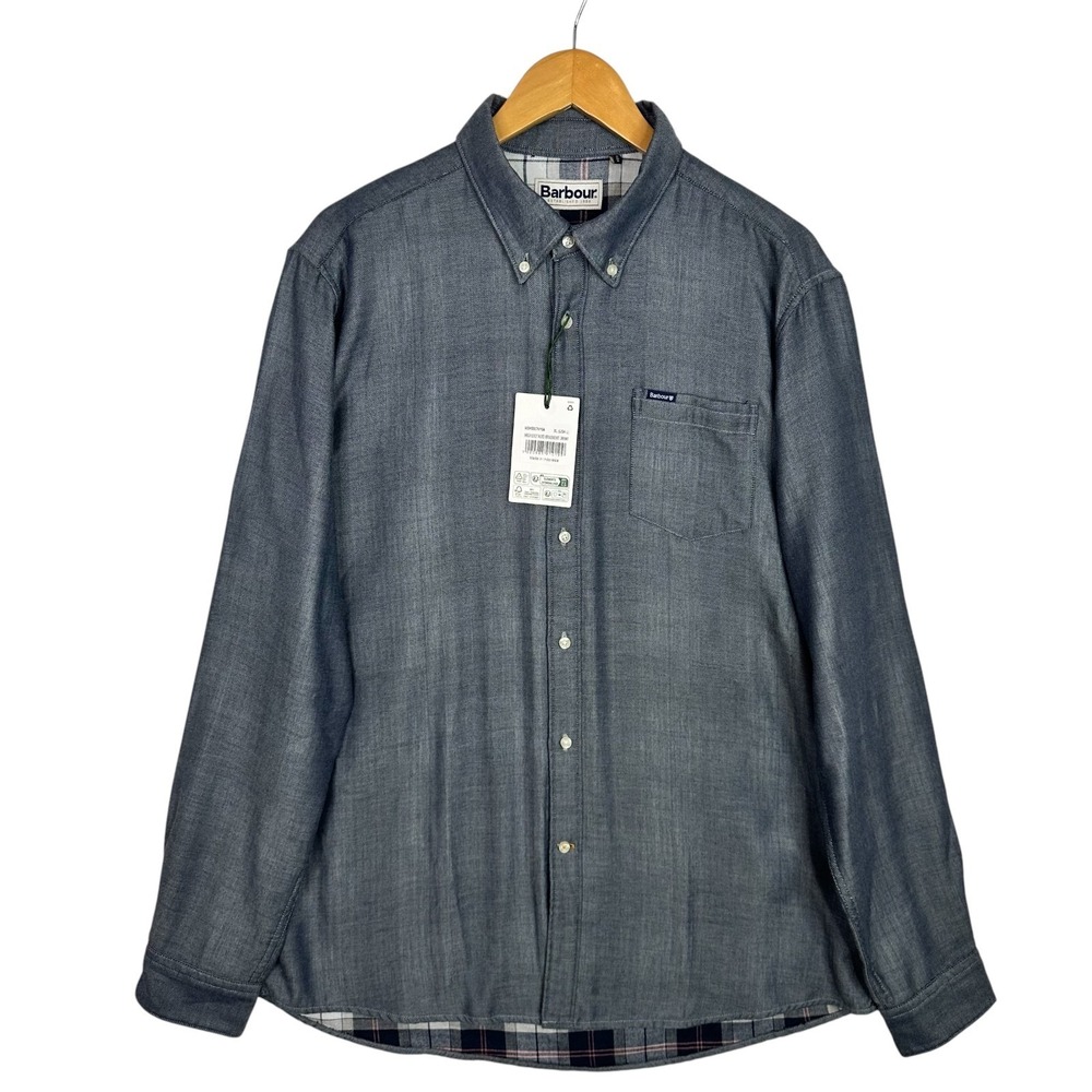 Barbour Buckley Tailored Herringbone Shirt Mens XL Dark Navy Button Front NWT